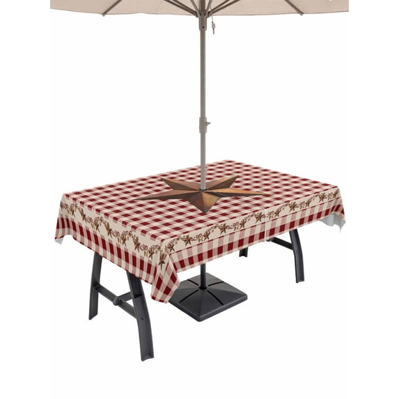 Outdoor Tablecloths with Umbrella Hole & Zipper, Brown Western Texas Star Vintage Rectangle Tablecloth 60x120 Inch, Rustic Farmhouse Red Plaid Waterproof Table Cloth, Patio/Pool/Picnic Table Covers