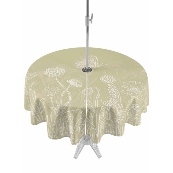 Outdoor Tablecloths with Umbrella Hole & Zipper, Brown Wildflowers Round Tablecloths 60 Inch, Modern Floral Butterfly Plant Waterproof Table Cloth, Patio/Pool/Picnic Table Covers