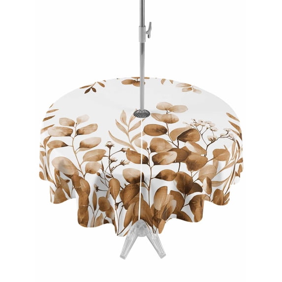 Outdoor Tablecloths with Umbrella Hole & Zipper, Brown Yellow Eucalyptus Leaves Round Tablecloths 60 Inch, Watercolor Spring Summer Botanical Waterproof Table Cloth, Patio/Pool/Picnic Table Covers