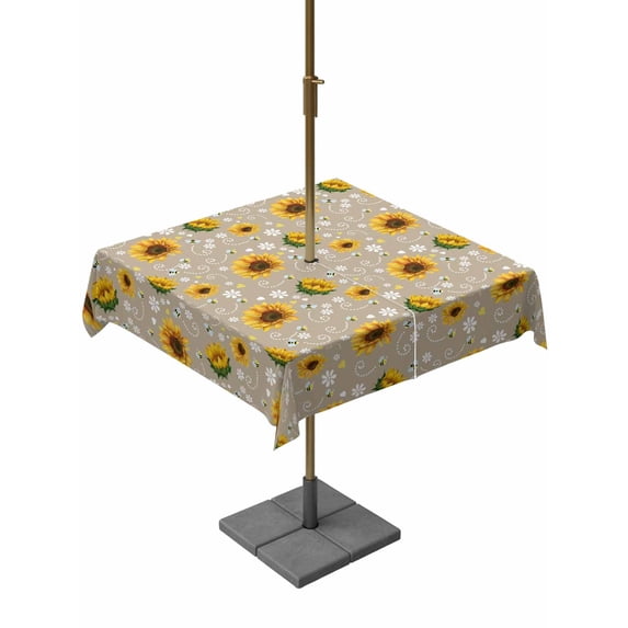 Outdoor Tablecloths with Umbrella Hole & Zipper, Brown Yellow Sunflower 54x54 Inch Square Tablecloths, Summer Botanical Farmhouse Floral Waterproof Table Cloth, Patio/Pool/Picnic Table Covers