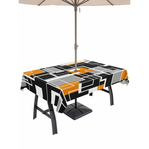 Outdoor Tablecloths with Umbrella Hole & Zipper, Burnt Orange Black Geometric Tablecloth Rectangle 60x84 Inch, Modern Color Block Abstract Waterproof Table Cloth, Patio/Pool/Picnic Table Covers