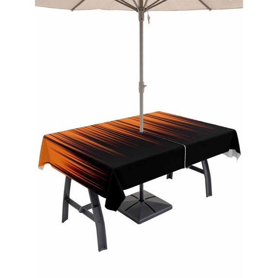 Outdoor Tablecloths with Umbrella Hole & Zipper, Burnt Orange Black Ombre Tablecloth Rectangle 60x84 Inch, Modern Abstract Striped Gradient Waterproof Table Cloth, Patio/Pool/Picnic Table Covers