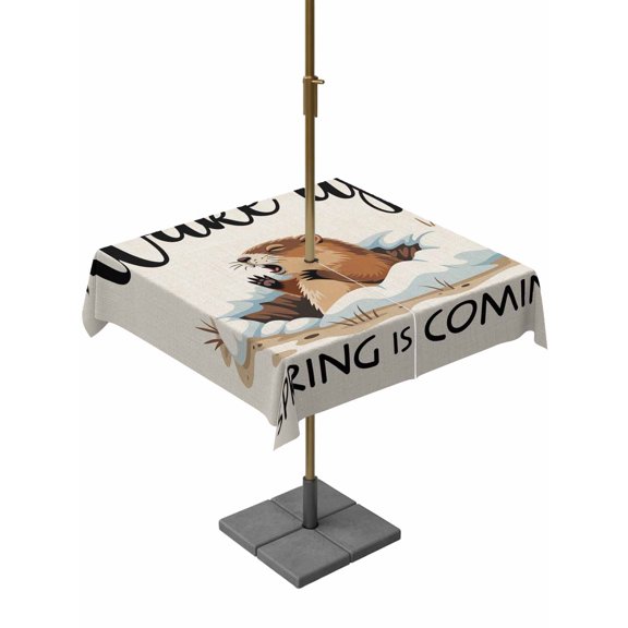 Outdoor Tablecloths with Umbrella Hole & Zipper, Cartoon Groundhog 54x54 Inch Square Tablecloths, Wake Up Spring Is Coming Country Waterproof Table Cloth, Patio/Pool/Picnic Table Covers