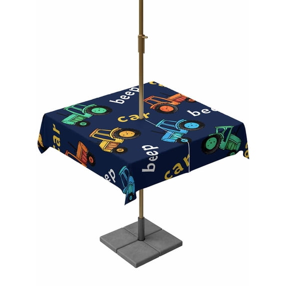 Outdoor Tablecloths with Umbrella Hole & Zipper, Cartoon Tractor 60x60 Inch Square Tablecloths, Cute Beep Car Digger Shovel Truck Navy Blue Waterproof Table Cloth, Patio/Pool/Picnic Table Covers