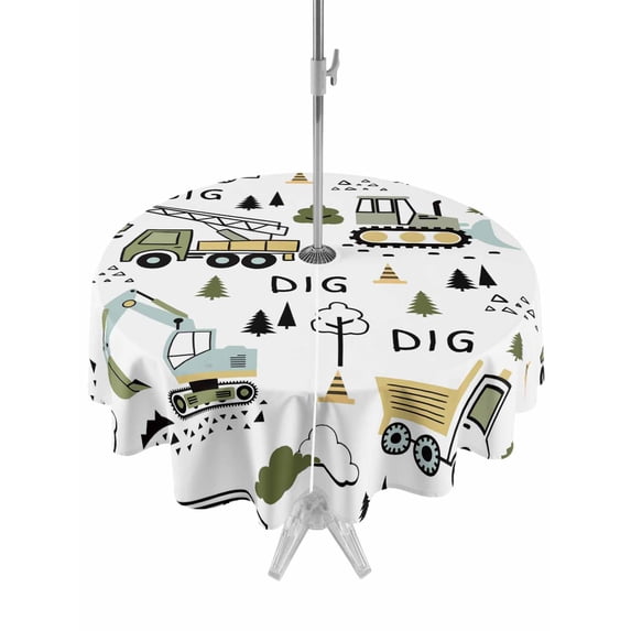 Outdoor Tablecloths with Umbrella Hole & Zipper, Cartoon Tractor Round Tablecloths 60 Inch, Cute Digger Shovel Truck Country Car Waterproof Table Cloth, Patio/Pool/Picnic Table Covers