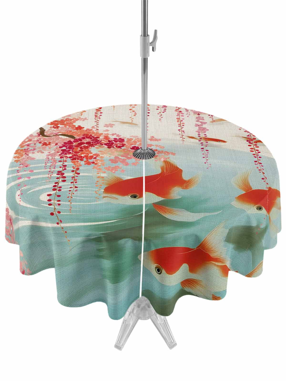 Pool Table Tablecloth Outdoor Tablecloths with Umbrella Hole & Zipper, Cherry Blossoms Round ...