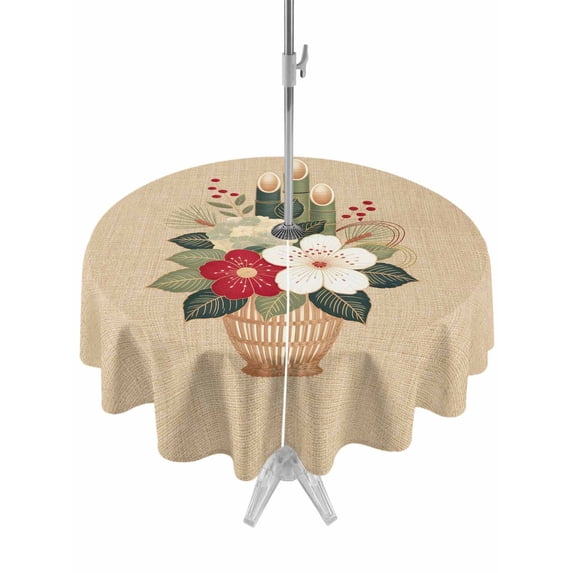 Outdoor Tablecloths with Umbrella Hole & Zipper, Cherry Blossoms Round Tablecloths 60 Inch, Japanese Spring Floral Leaves Vintage Beige Waterproof Table Cloth, Patio/Pool/Picnic Table Covers