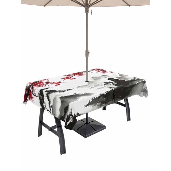Outdoor Tablecloths with Umbrella Hole & Zipper, Chinese Mountain 54x80 Inch Tablecloth Rectangle, Landscape Painting Red Plum Flowers Waterproof Table Cloth, Patio/Pool/Picnic Table Covers