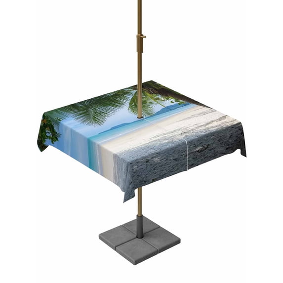 Outdoor Tablecloths with Umbrella Hole & Zipper, Coastal Beach 54x54 Inch Square Tablecloths, Summer Ocean Sea Modern Palm Coconut Tree Waterproof Table Cloth, Patio/Pool/Picnic Table Covers