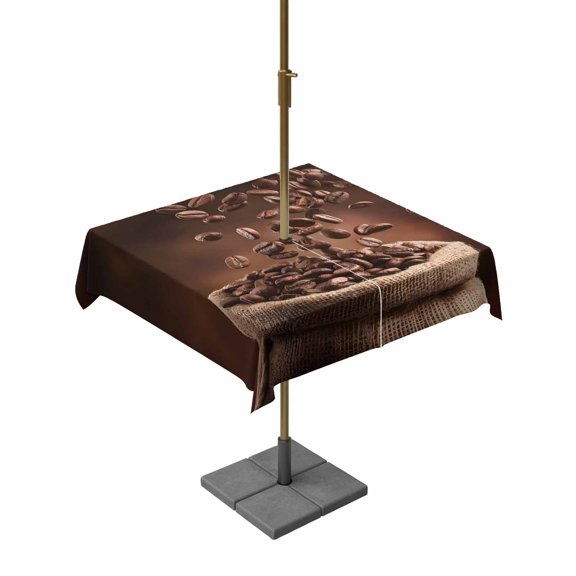 Outdoor Tablecloths with Umbrella Hole & Zipper, Coffee Beans 54x54 Inch Square Tablecloths, Dark Brown Falling Cafe Bean Sacks Modern Waterproof Table Cloth, Patio/Pool/Picnic Table Covers