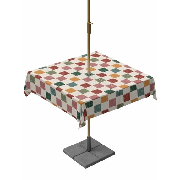 Outdoor Tablecloths with Umbrella Hole & Zipper, Colorful Checkered 54x54 Inch Square Tablecloths, Vintage Plaid Grid Geometric Beige Waterproof Table Cloth, Patio/Pool/Picnic Table Covers