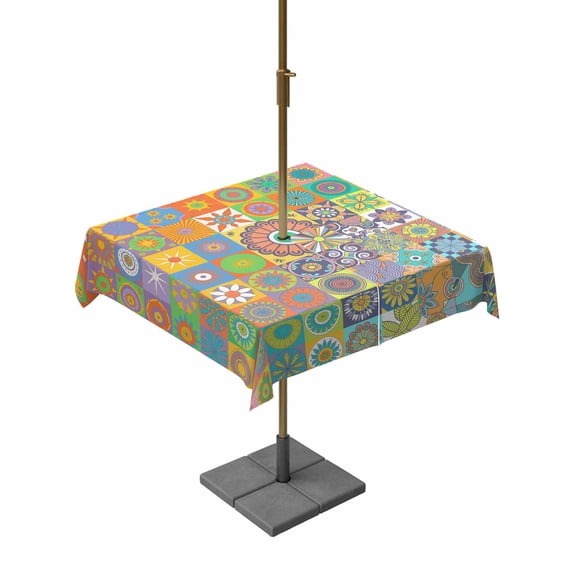 Outdoor Tablecloths with Umbrella Hole & Zipper, Colorful Ethnic 54x54 Inch Square Tablecloths, Modern Abstract National Geometric Green Waterproof Table Cloth, Patio/Pool/Picnic Table Covers