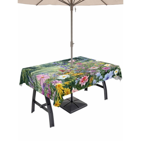 Outdoor Tablecloths with Umbrella Hole & Zipper, Colorful Floral Spring 60 x102 Inch Rectangle Tablecloths, Daisy Green Forest Pastoral Waterproof Table Cloth, Patio/Pool/Picnic Table Covers