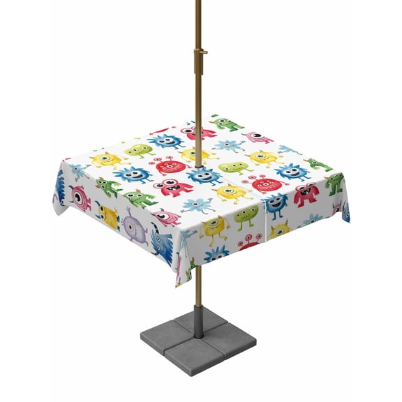 Outdoor Tablecloths with Umbrella Hole & Zipper, Colorful Monsters 54x54 Inch Square Tablecloths, Abstract Cartoon Cute Artistic Funny Waterproof Table Cloth, Patio/Pool/Picnic Table Covers