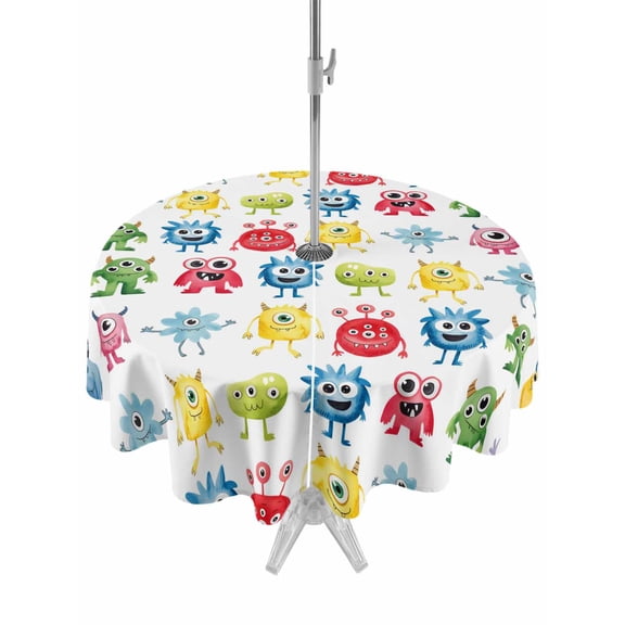Outdoor Tablecloths with Umbrella Hole & Zipper, Colorful Monsters Round Tablecloth 54 Inch, Abstract Cartoon Cute Artistic Funny Waterproof Table Cloth, Patio/Pool/Picnic Table Covers