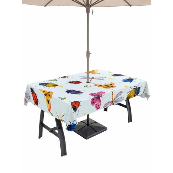 Outdoor Tablecloths with Umbrella Hole & Zipper, Cute Butterfly Dragonfly 60 x102 Inch Rectangle Tablecloths, Farmhouse Botanical Floral Blue Waterproof Table Cloth, Patio/Pool/Picnic Table Covers