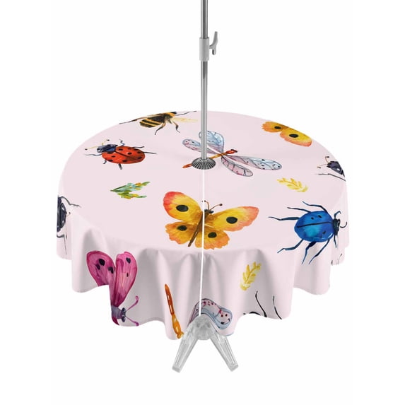 Outdoor Tablecloths with Umbrella Hole & Zipper, Cute Butterfly Dragonfly Round Tablecloths 60 Inch, Farmhouse Botanical Floral Pink Waterproof Table Cloth, Patio/Pool/Picnic Table Covers
