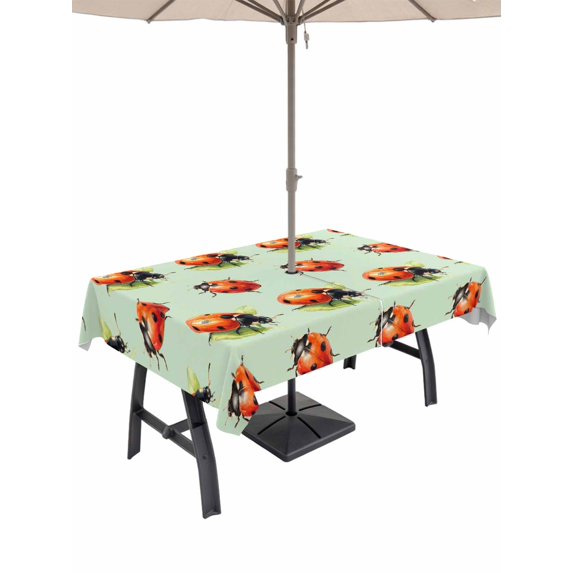 Outdoor Tablecloths with Umbrella Hole & Zipper, Cute Ladybugs 60 x102 Inch Rectangle Tablecloths, Spring Botanical Leaves Green Waterproof Table Cloth, Patio/Pool/Picnic Table Covers