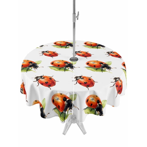Outdoor Tablecloths with Umbrella Hole & Zipper, Cute Ladybugs Round Tablecloth 54 Inch, Spring Botanical Leaves Farmhouse Waterproof Table Cloth, Patio/Pool/Picnic Table Covers