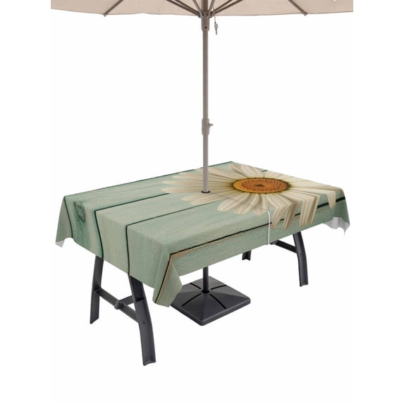 Outdoor Tablecloths with Umbrella Hole & Zipper, Daisy Flower 60 x102 Inch Rectangle Tablecloths, Modern Art Floral Farmhouse Teal Wooden Grain Waterproof Table Cloth, Patio/Pool/Picnic Table Covers