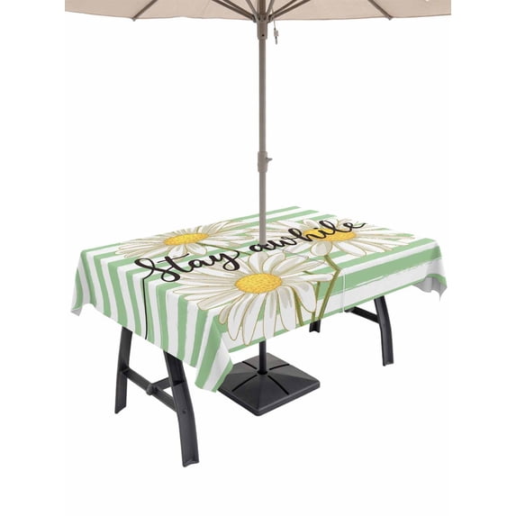 Outdoor Tablecloths with Umbrella Hole & Zipper, Daisy Flower 60 x102 Inch Rectangle Tablecloths, Watercolor Farmhouse Country Floral Stripe Waterproof Table Cloth, Patio/Pool/Picnic Table Covers