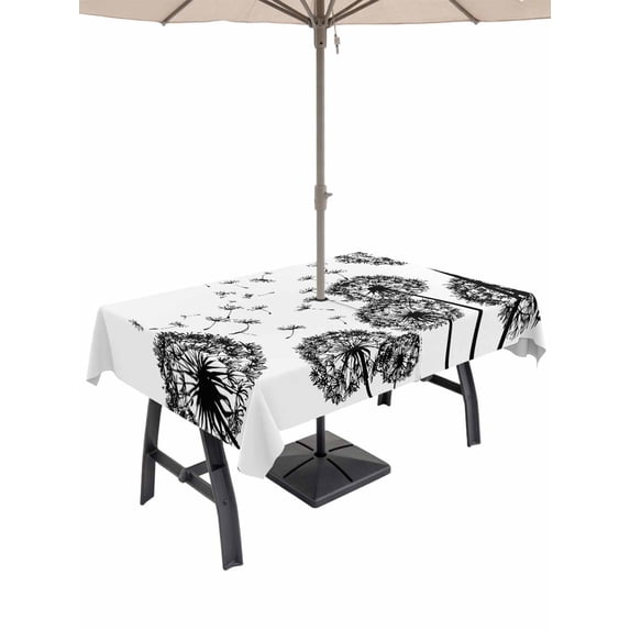 Outdoor Tablecloths with Umbrella Hole & Zipper, Dandelion 60 x102 Inch Rectangle Tablecloths, Black White Modern Country Rustic Plants Waterproof Table Cloth, Patio/Pool/Picnic Table Covers