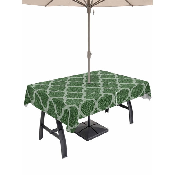 Outdoor Tablecloths with Umbrella Hole & Zipper, Dark Green Moroccan Rectangle Tablecloth 60x120 Inch, Middle Century Quatrefoil Plaid Art Waterproof Table Cloth, Patio/Pool/Picnic Table Covers
