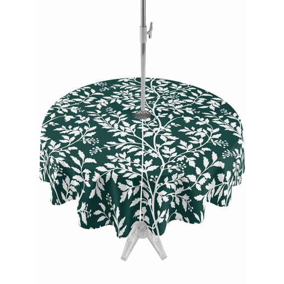 Outdoor Tablecloths with Umbrella Hole & Zipper, Dark Green Spring Floral Round Tablecloth 54 Inch, Farmhouse Flowers Elegant Pastoral Waterproof Table Cloth, Patio/Pool/Picnic Table Covers
