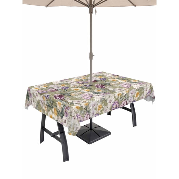Outdoor Tablecloths with Umbrella Hole & Zipper, Dark Sage Green Botanical Rectangle Tablecloth 52x70 Inch, Spring Floral Summer Botanical Retro Waterproof Table Cloth, Patio/Pool Table Covers