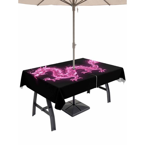 Outdoor Tablecloths with Umbrella Hole & Zipper, Dragon Flames 54x80 Inch Tablecloth Rectangle, Purple Dragons Abstract Modern Art Waterproof Table Cloth, Patio/Pool/Picnic Table Covers