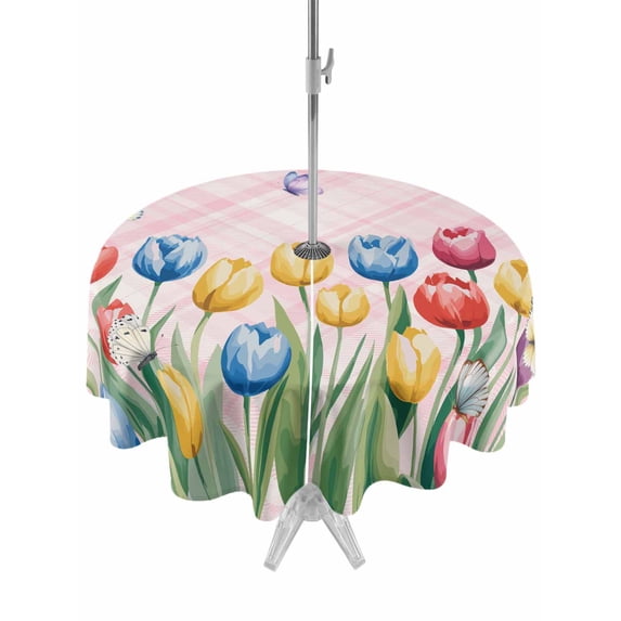 Outdoor Tablecloths with Umbrella Hole & Zipper, Easter Tulip Round Tablecloth 54 Inch, Colorful Flower Spring Butterfly Plant Pink Waterproof Table Cloth, Patio/Pool/Picnic Table Covers