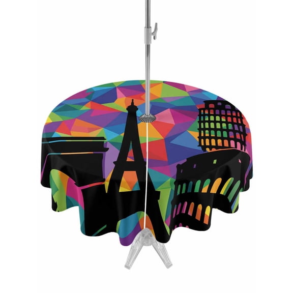 Outdoor Tablecloths with Umbrella Hole & Zipper, Eiffel Tower Round Tablecloth 54 Inch, Modern Colorful European Architectural Art Waterproof Table Cloth, Patio/Pool/Picnic Table Covers