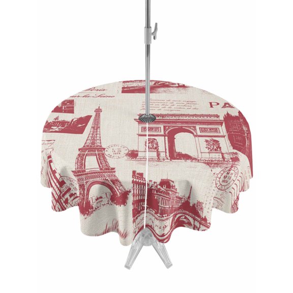 Outdoor Tablecloths with Umbrella Hole & Zipper, Eiffel Tower Round Tablecloths 60 Inch, Romantic European Architectural Cultural Art Waterproof Table Cloth, Patio/Pool/Picnic Table Covers