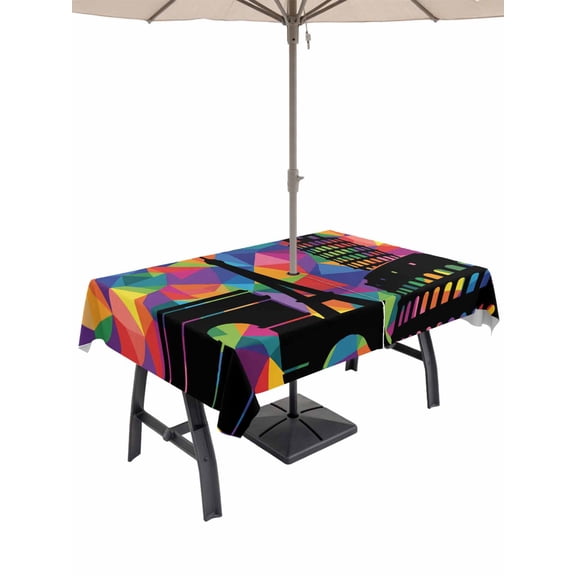 Outdoor Tablecloths with Umbrella Hole & Zipper, Eiffel Tower Tablecloth Rectangle 60x84 Inch, Modern Colorful European Architectural Art Waterproof Table Cloth, Patio/Pool/Picnic Table Covers