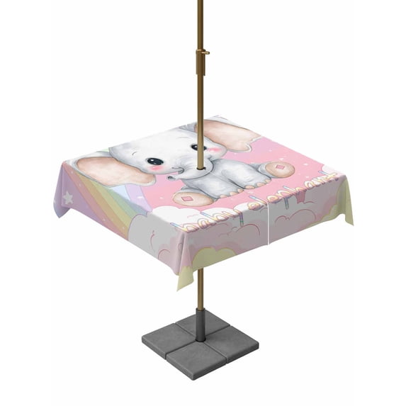 Outdoor Tablecloths with Umbrella Hole & Zipper, Elephants 60x60 Inch Square Tablecloths, Cute Rainbow Clouds Pink Purple Waterproof Table Cloth, Patio/Pool/Picnic Table Covers