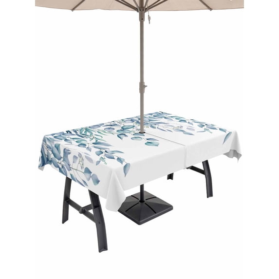 Outdoor Tablecloths with Umbrella Hole & Zipper, Eucalyptus Leaves 60 x102 Inch Rectangle Tablecloths, Light Blue Summer Botanical Weeping Waterproof Table Cloth, Patio/Pool/Picnic Table Covers