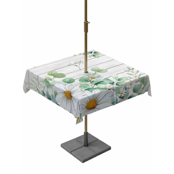 Outdoor Tablecloths with Umbrella Hole & Zipper, Eucalyptus Leaves 60x60 Inch Square Tablecloths, Daisy Spring Floral Botanical Wooden Waterproof Table Cloth, Patio/Pool/Picnic Table Covers