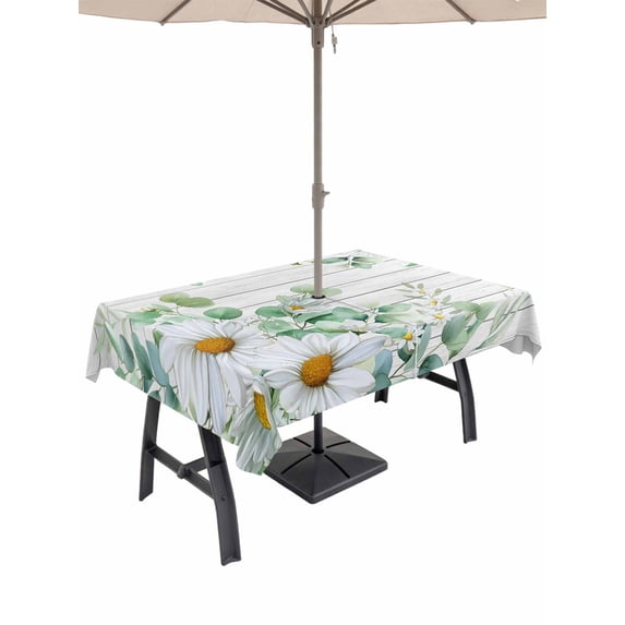 Outdoor Tablecloths with Umbrella Hole & Zipper, Eucalyptus Leaves Rectangle Tablecloth 52x70 Inch, Daisy Spring Floral Botanical Wooden Waterproof Table Cloth, Patio/Pool/Picnic Table Covers