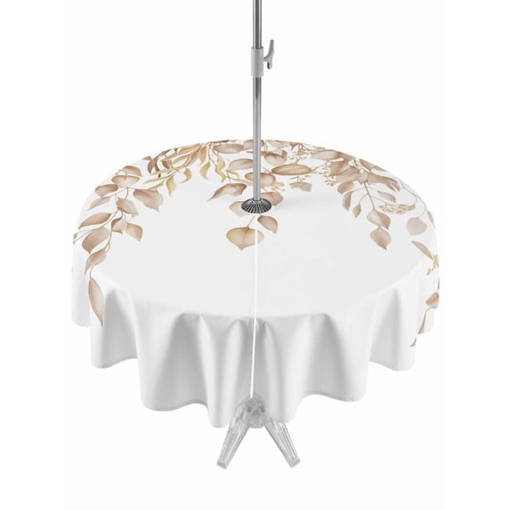 Outdoor Tablecloths with Umbrella Hole & Zipper, Eucalyptus Leaves Round Tablecloths 60 Inch, Khaki Summer Botanical Weeping Waterproof Table Cloth, Patio/Pool/Picnic Table Covers