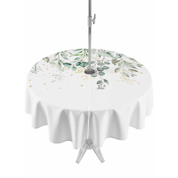 Outdoor Tablecloths with Umbrella Hole & Zipper, Eucalyptus Leaves Round Tablecloths 60 Inch, Sage Green Weeping Summer Botanical Waterproof Table Cloth, Patio/Pool/Picnic Table Covers