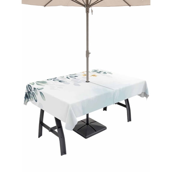 Outdoor Tablecloths with Umbrella Hole & Zipper, Eucalyptus Leaves Tablecloth Rectangle 60x84 Inch, Blue Green Summer Botanical Weeping Waterproof Table Cloth, Patio/Pool/Picnic Table Covers