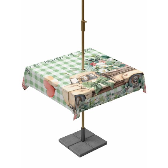 Outdoor Tablecloths with Umbrella Hole & Zipper, Eucalyptus Trucks 54x54 Inch Square Tablecloths, Spring Farmhouse Floral Sage Green Plaid Waterproof Table Cloth, Patio/Pool/Picnic Table Covers