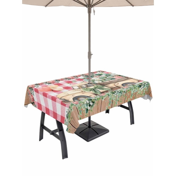 Outdoor Tablecloths with Umbrella Hole & Zipper, Eucalyptus Trucks Rectangle Tablecloth 60x120 Inch, Spring Rustic Floral Wooden Red Plaid Waterproof Table Cloth, Patio/Pool/Picnic Table Covers