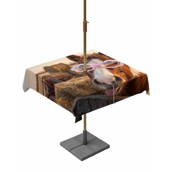 Outdoor Tablecloths with Umbrella Hole & Zipper, Farm Horses 54x54 Inch Square Tablecloths, Farmhouse Barn Funny Animals Butterfly Waterproof Table Cloth, Patio/Pool/Picnic Table Covers