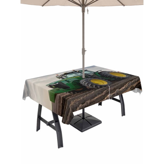 Outdoor Tablecloths with Umbrella Hole & Zipper, Farm Tractor Rectangle Tablecloth 52x70 Inch, Green Truck Country Rustic Field Harvester Waterproof Table Cloth, Patio/Pool/Picnic Table Covers
