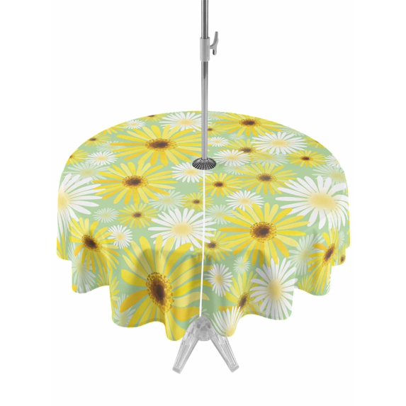 Outdoor Tablecloths with Umbrella Hole & Zipper, Farmhouse Daisy Round Tablecloths 60 Inch, Spring Watercolor Yellow White Floral Green Waterproof Table Cloth, Patio/Pool/Picnic Table Covers