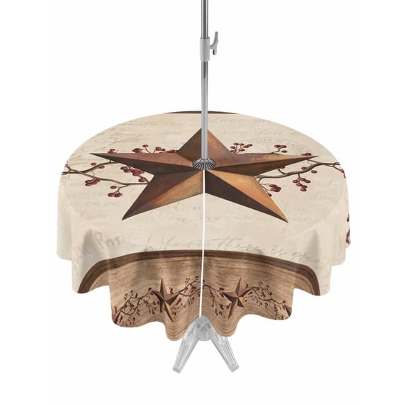Outdoor Tablecloths with Umbrella Hole & Zipper, Farmhouse Texas Star Brown Round Tablecloth 54 Inch, Berry Vintage Wooden Waterproof Table Cloth, Patio/Pool/Picnic Table Covers
