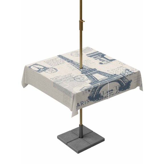 Outdoor Tablecloths with Umbrella Hole & Zipper, France Towers 54x54 Inch Square Tablecloths, Retro Hand-Painted Seal Architectural Art Waterproof Table Cloth, Patio/Pool/Picnic Table Covers