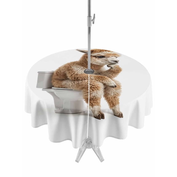 Outdoor Tablecloths with Umbrella Hole & Zipper, Funny Alpacas Round Tablecloth 54 Inch, Cute Art Fun Lovely Animals on Toilets Waterproof Table Cloth, Patio/Pool/Picnic Table Covers