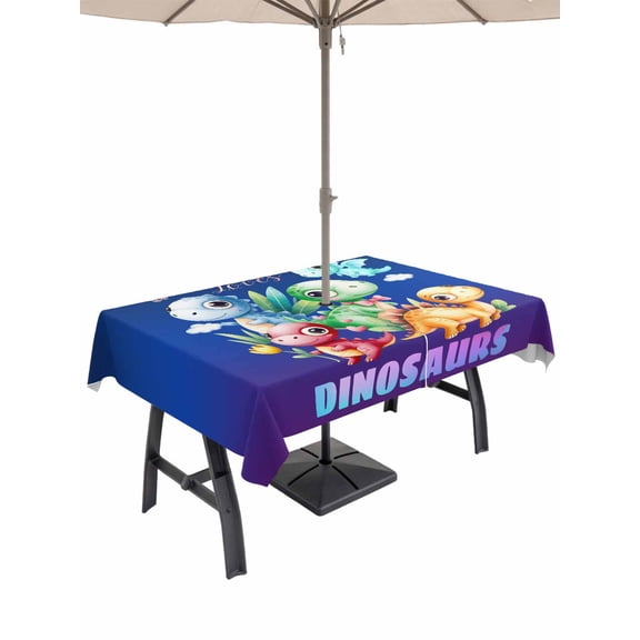 Outdoor Tablecloths with Umbrella Hole & Zipper, Funny Dinosaur Rectangle Tablecloth 52x70 Inch, Cute Dino Purple Cartoon Boys Girls Children Waterproof Table Cloth, Patio/Pool/Picnic Table Covers